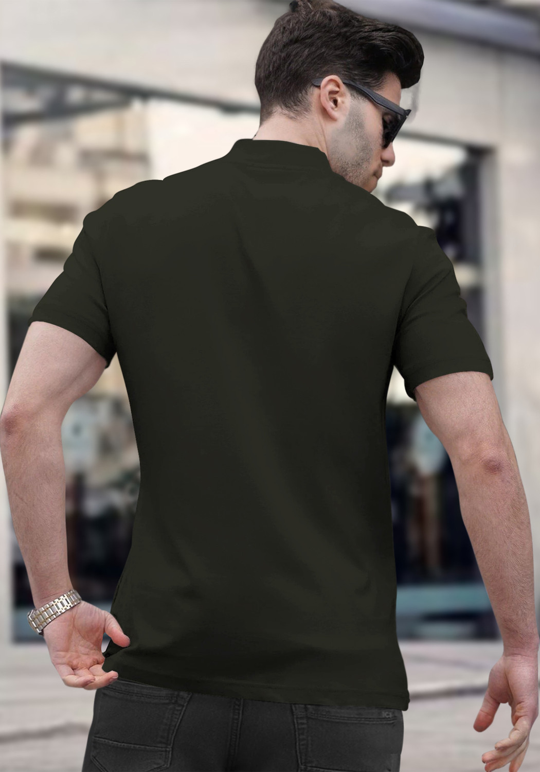 Image of TRIPR Solid Men Mandarin Collar Dark Green T-Shirt