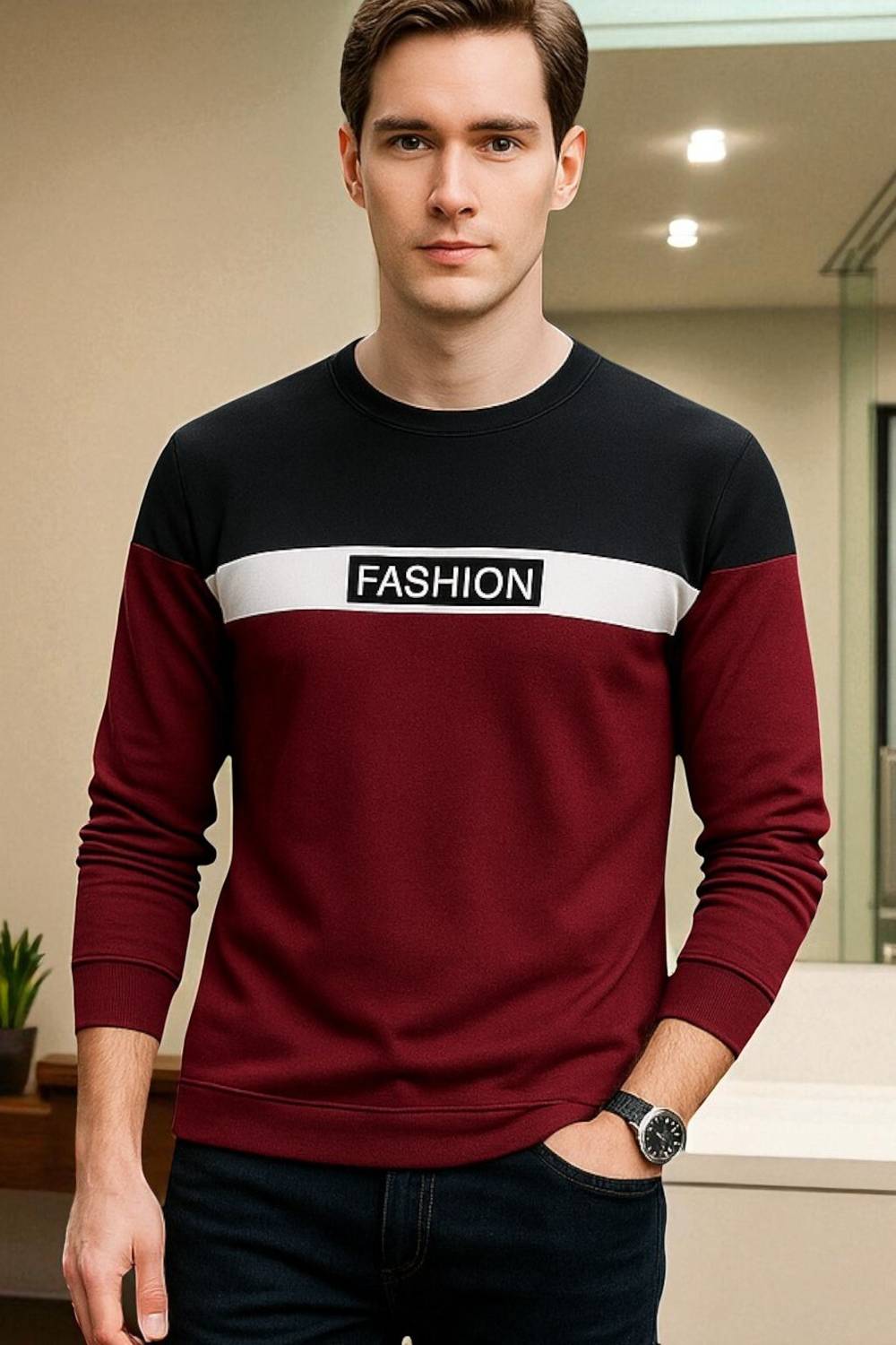 FASHIUM Colorblock Men Round Neck Maroon, Black T-Shirt