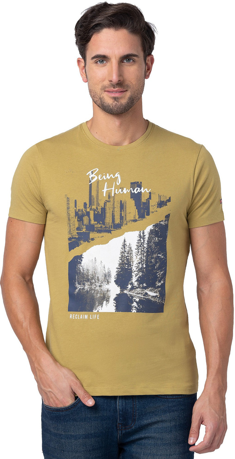 Image of BEING HUMAN Typography Men Round Neck Brown T-Shirt