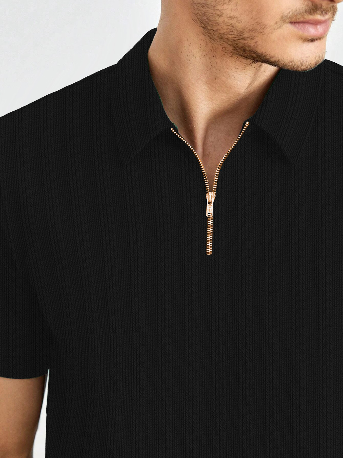 Image of KAJARU Self Design Men Zip Neck Black T-Shirt
