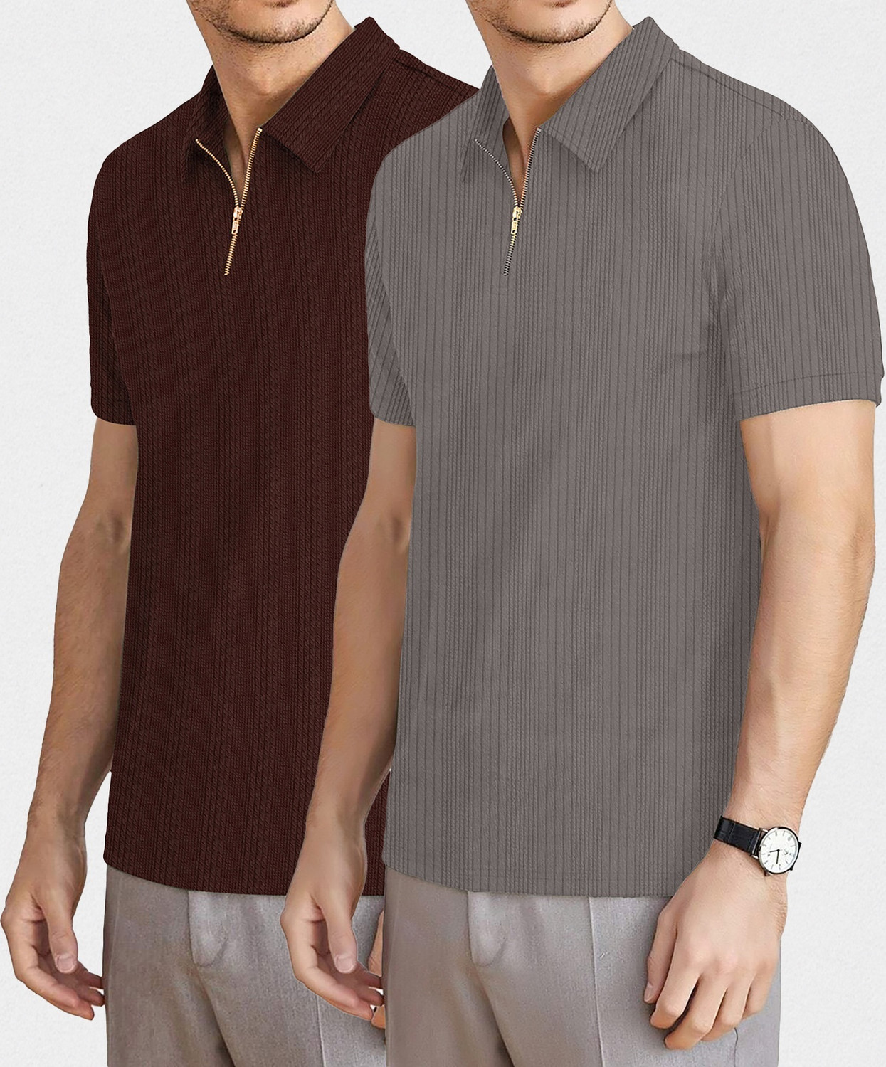 Image of KAJARU Self Design Men Zip Neck Brown, Grey T-Shirt