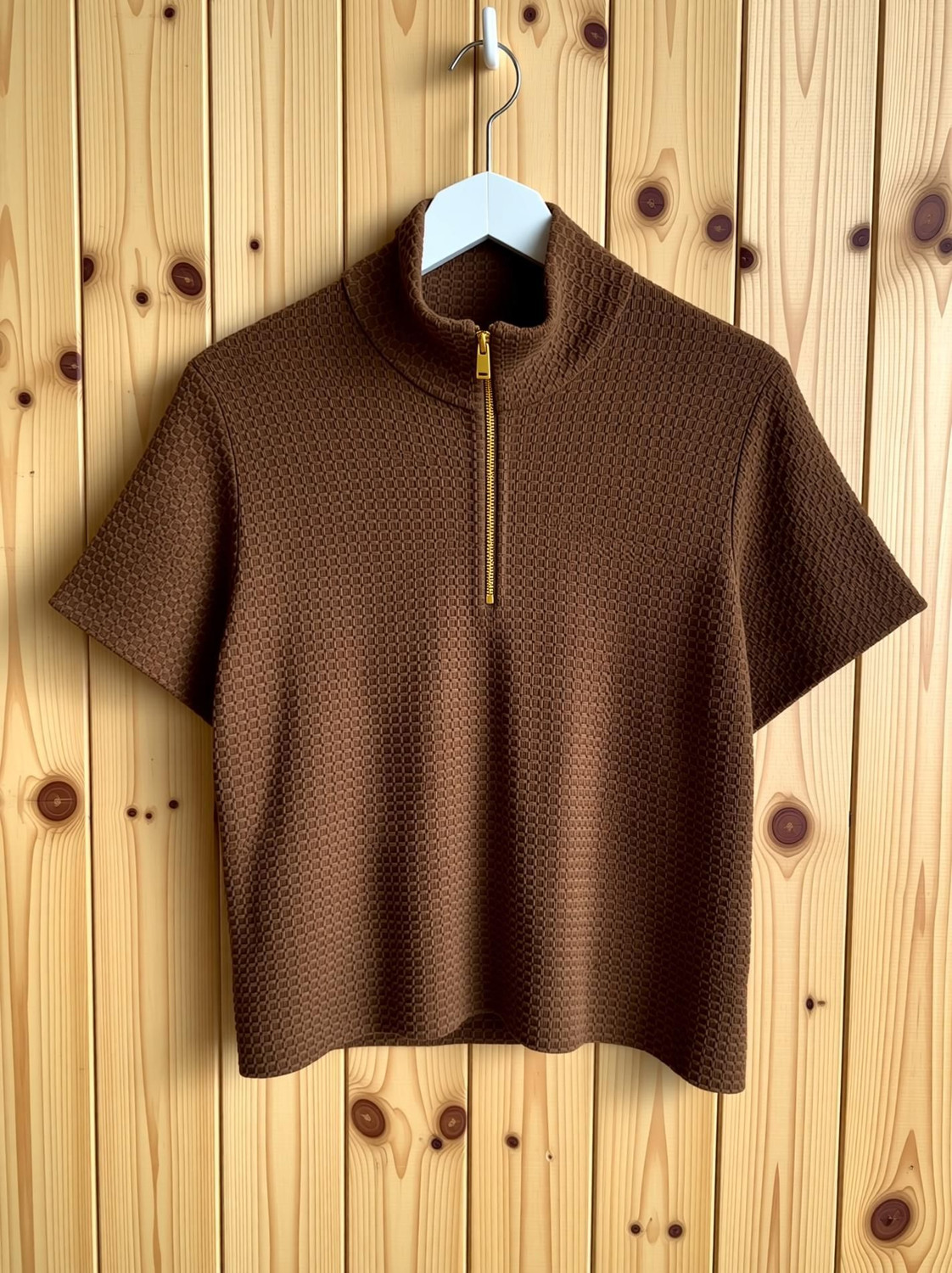 Image of KAJARU Self Design Men Zip Neck Brown T-Shirt