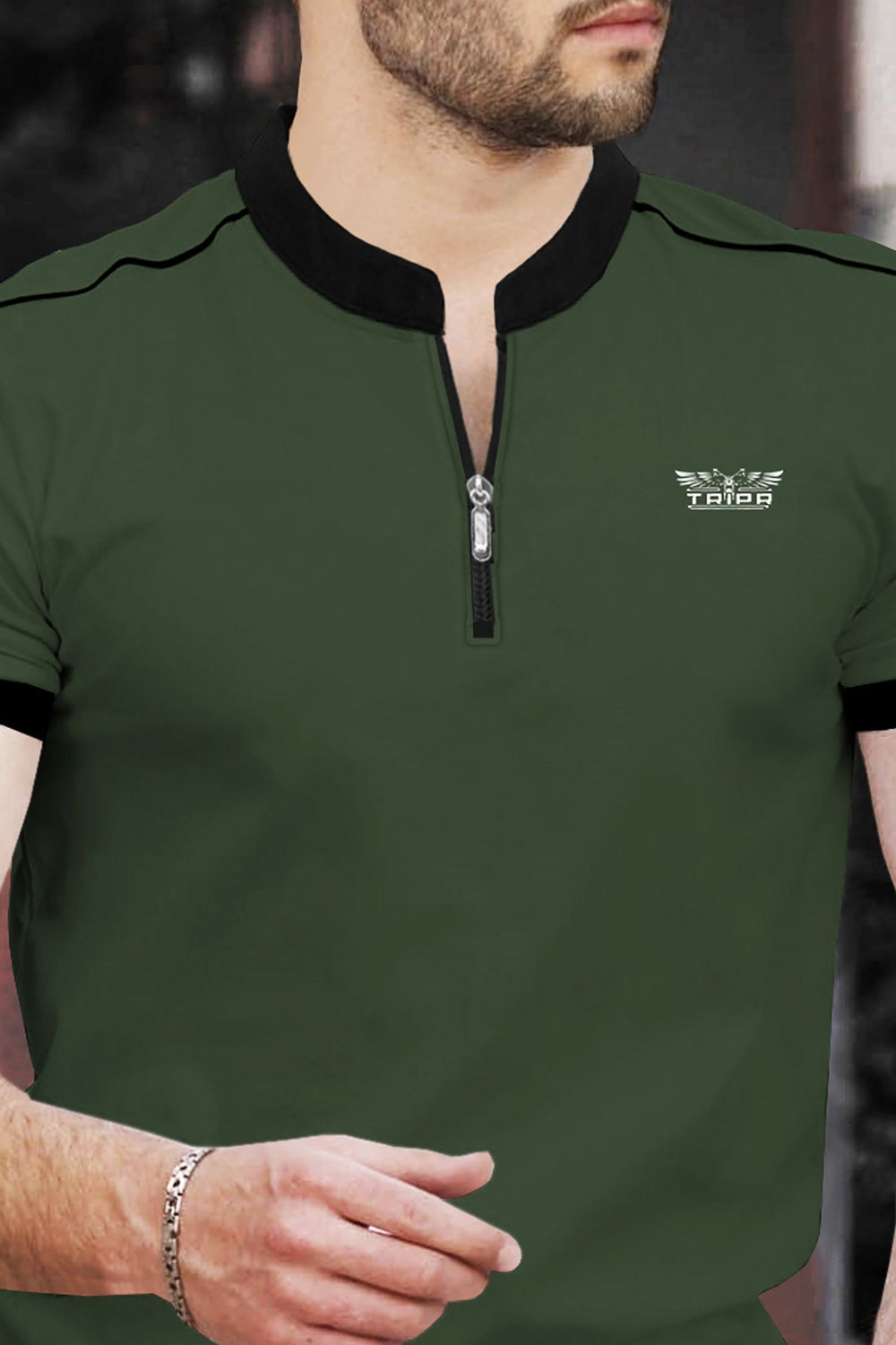 Image of TRIPR Solid Men Mandarin Collar Dark Green, Black T-Shirt