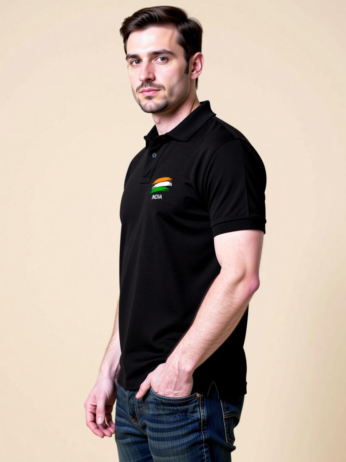 Image of Spohub Men Printed Polo Neck Polycotton Black T-Shirt