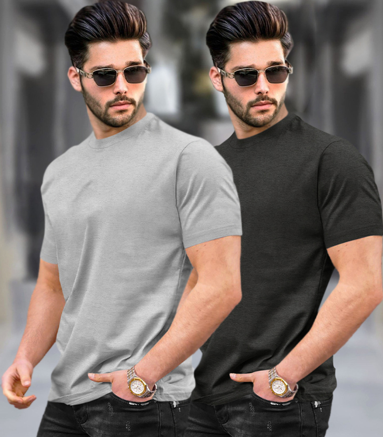 Image of TRIPR Solid Men Round Neck Grey, Black T-Shirt