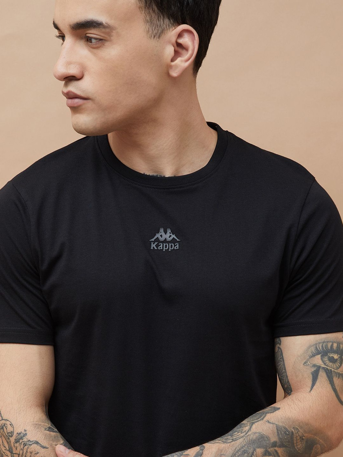 Image of Kappa Solid Men Round Neck Black T-Shirt