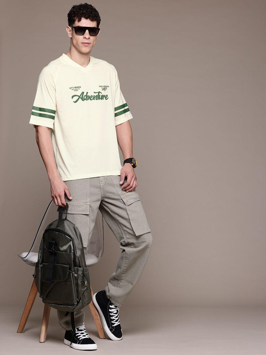Image of Roadster Printed Men V Neck Gold T-Shirt