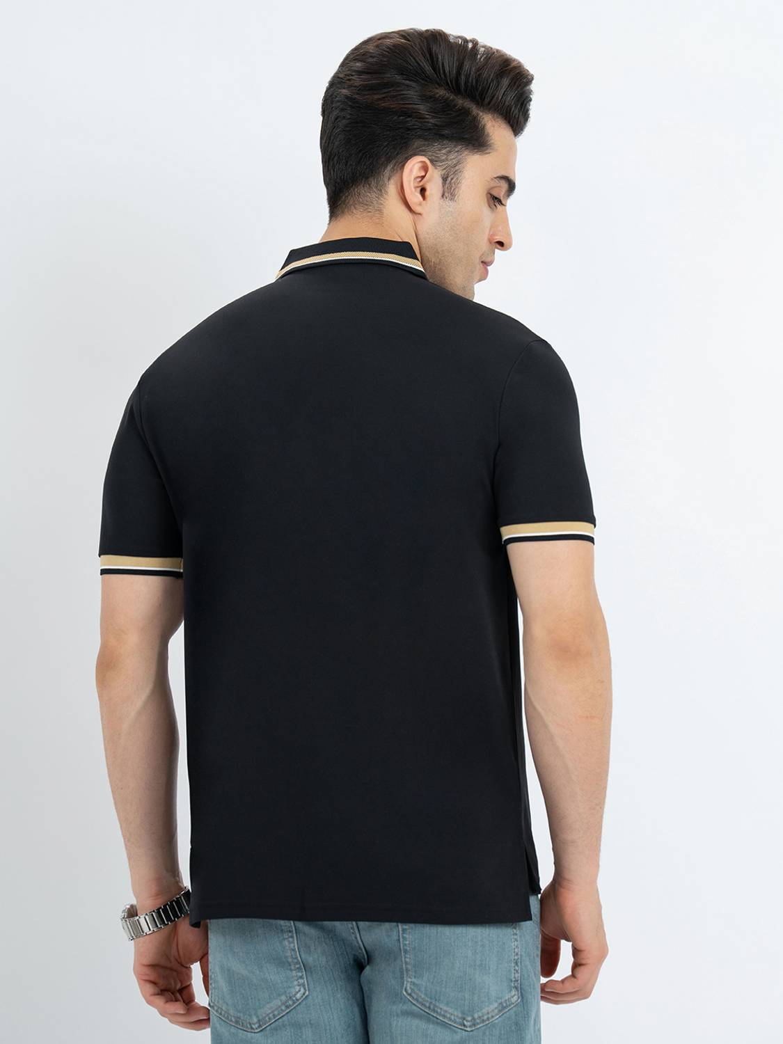 RED TAPE Embroidered Men Polo Neck Black T-Shirt - Image 3