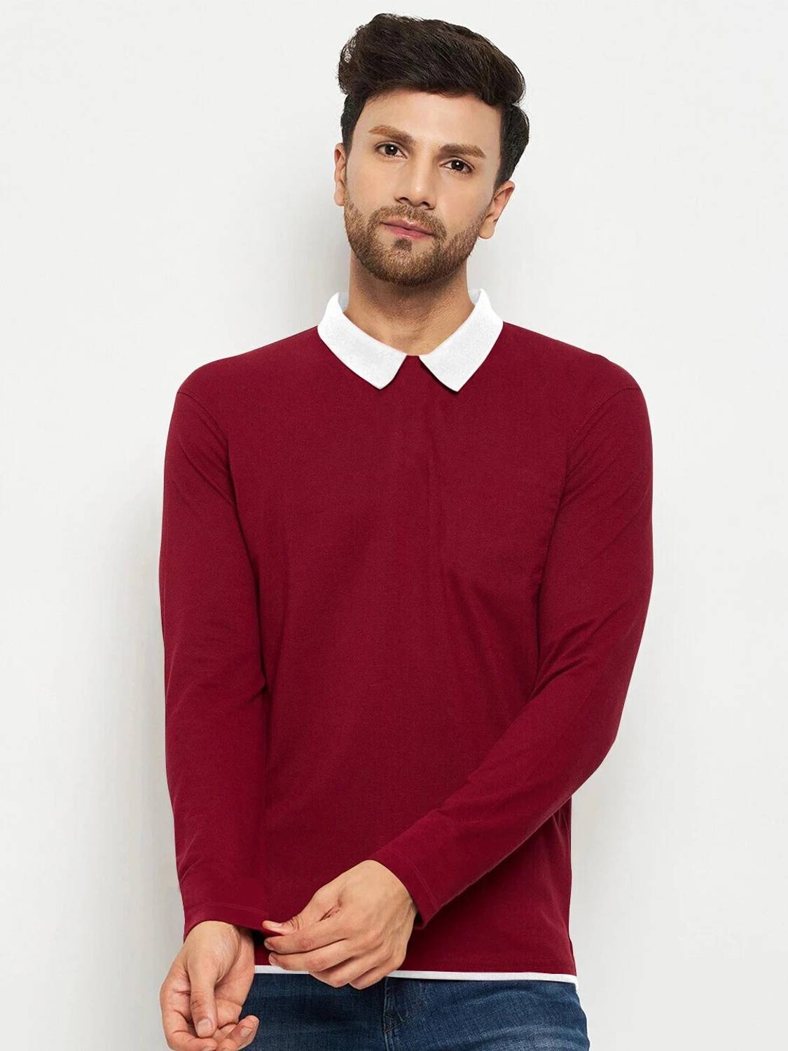 Rufica Men Solid Polo Neck Cotton Blend Maroon T-Shirt