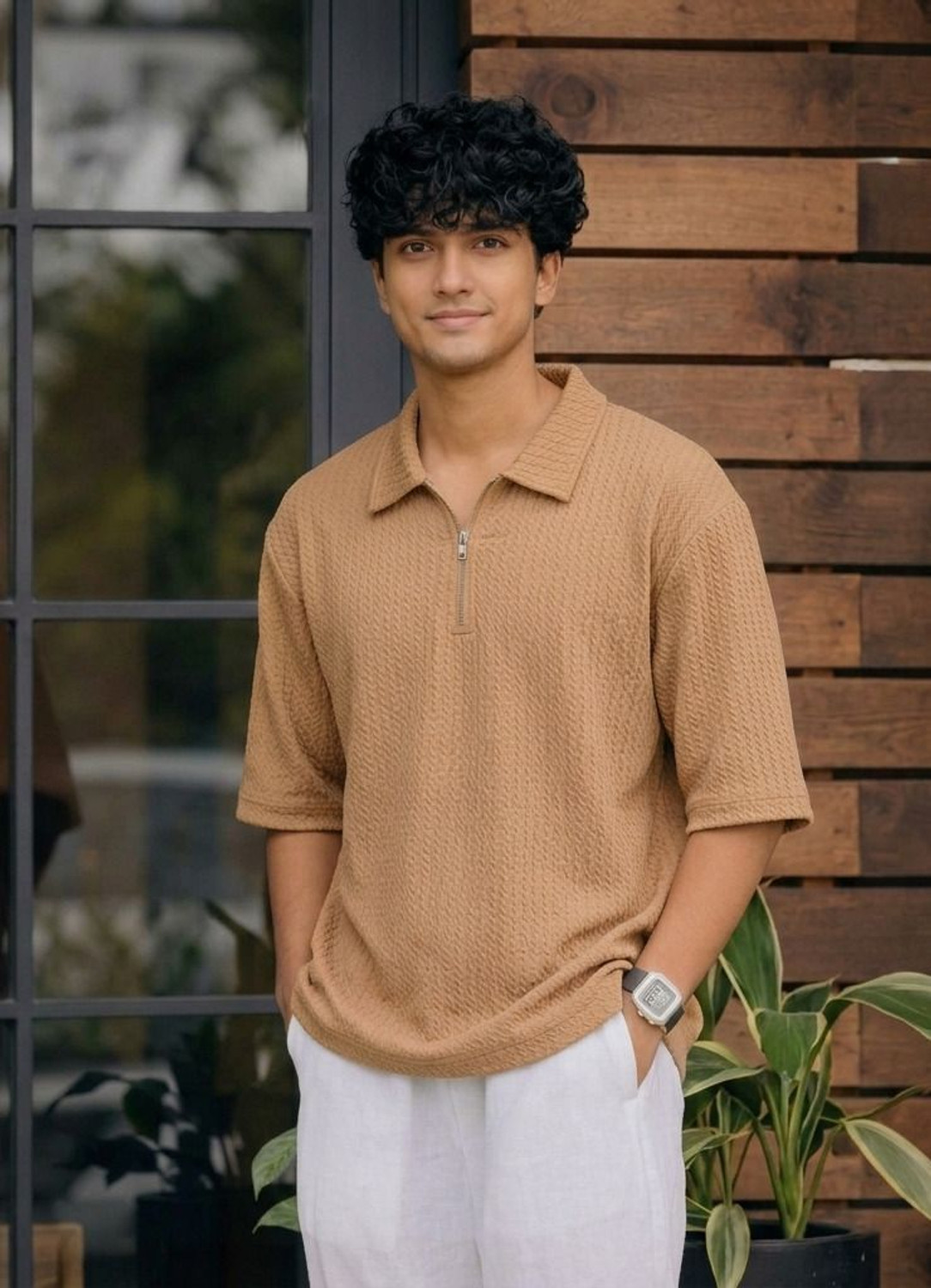Image of ADIXUS Solid Men Zip Neck Beige T-Shirt