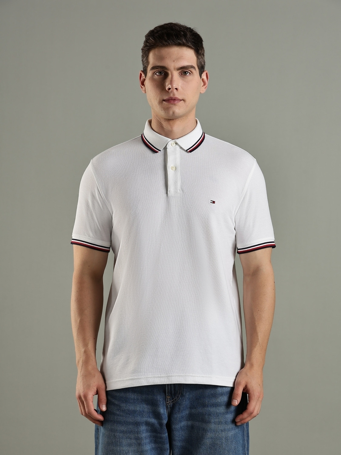 Image of TOMMY HILFIGER Solid Men Polo Neck White T-Shirt