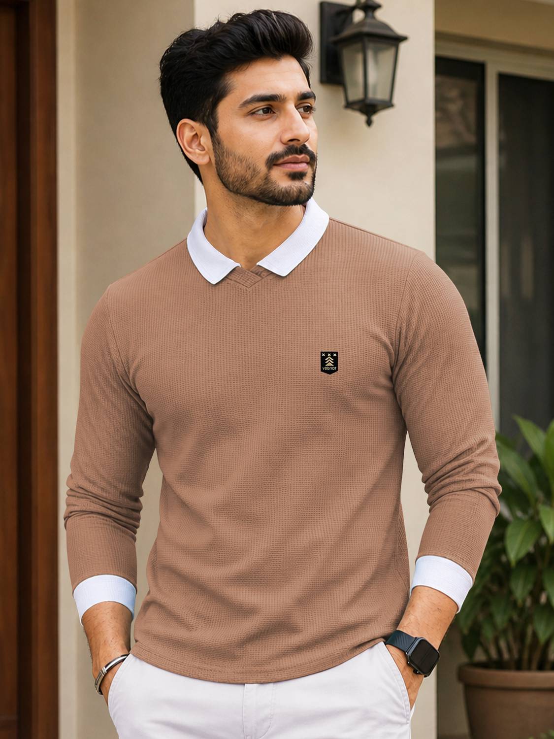 VeBNoR Men Solid Polo Neck Cotton Blend Brown T-Shirt