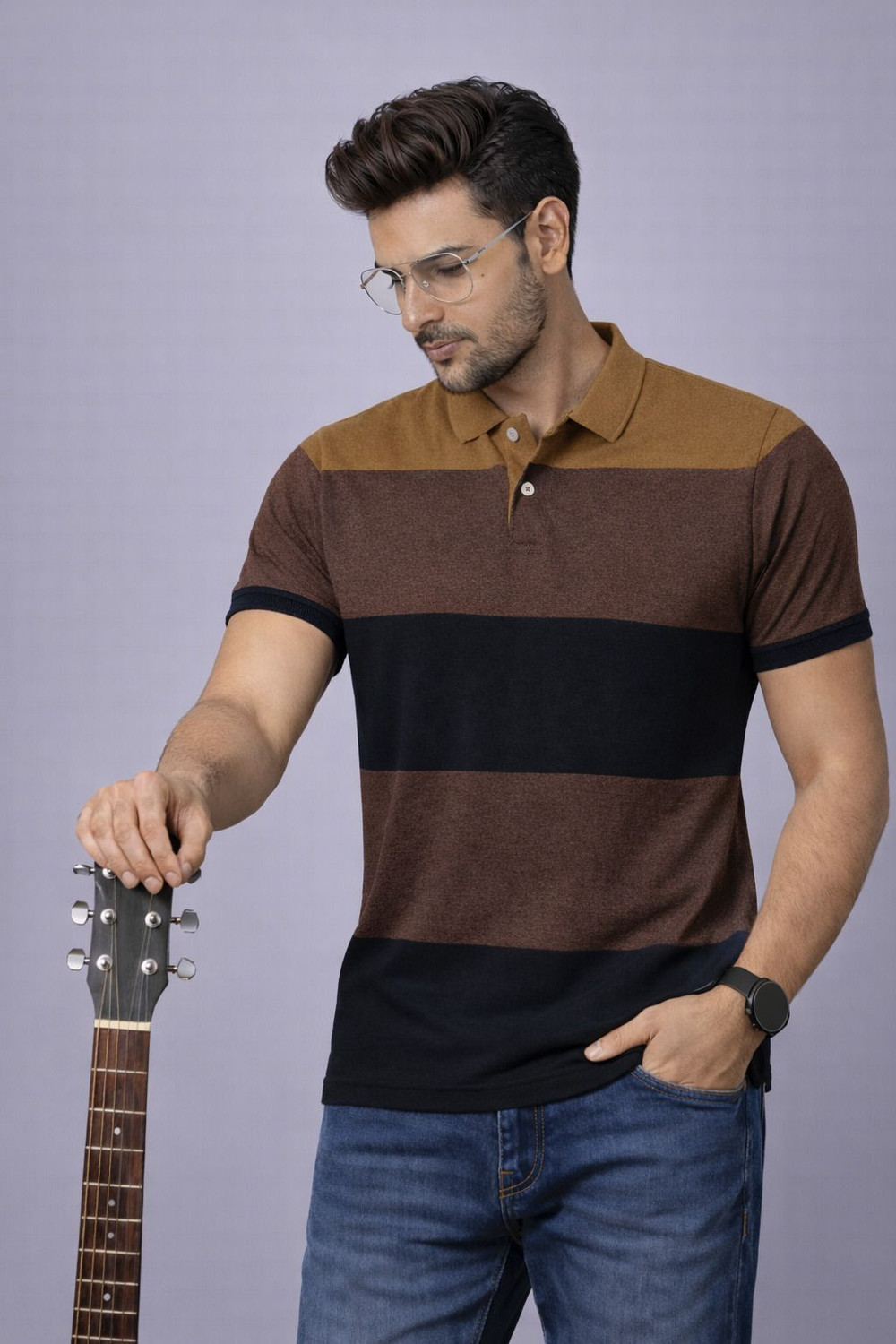 Image of Trend Twist Men Striped Polo Neck Pure Cotton Multicolor T-Shirt