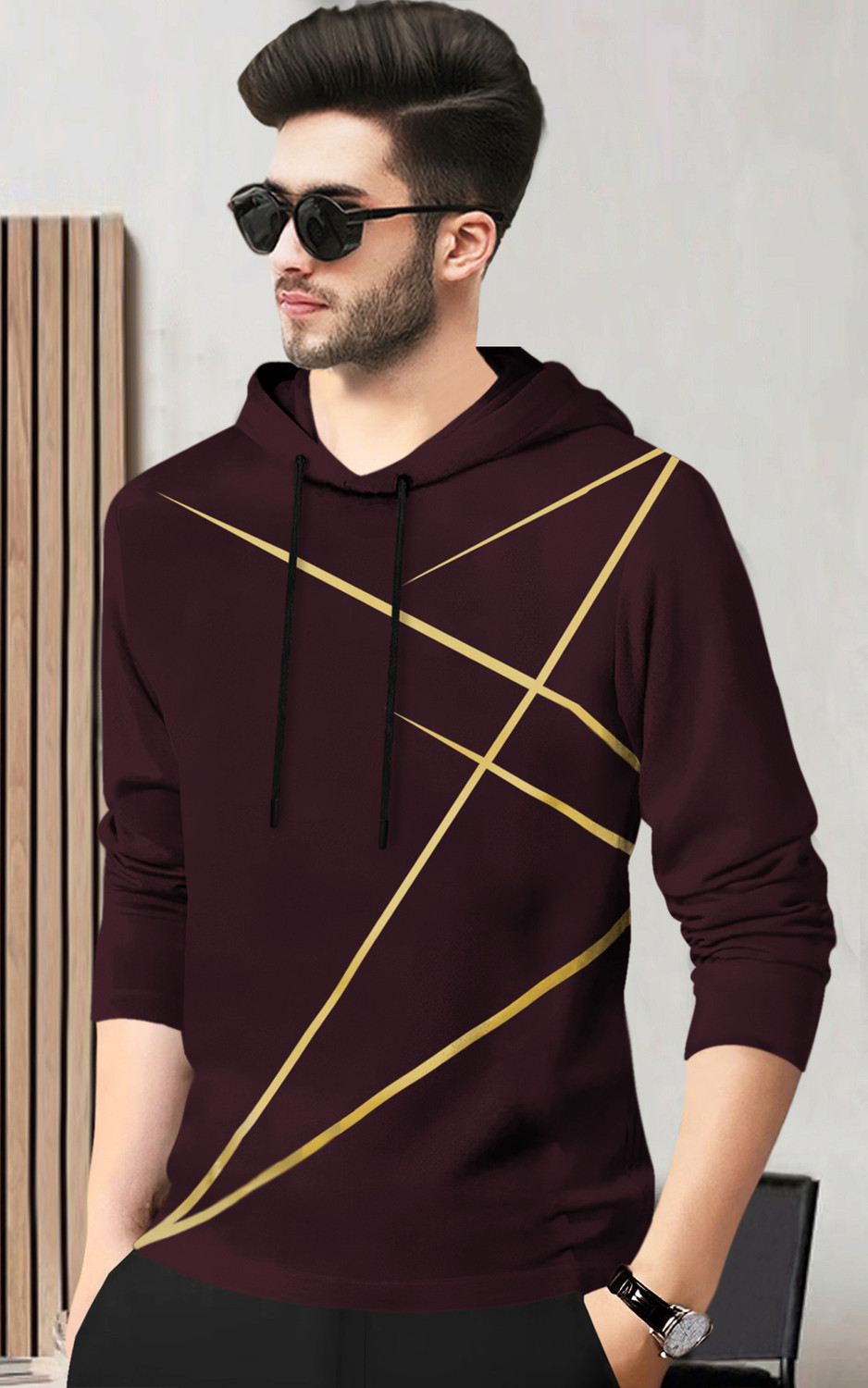Image of BLIVE Printed Men Hooded Neck Maroon T-Shirt