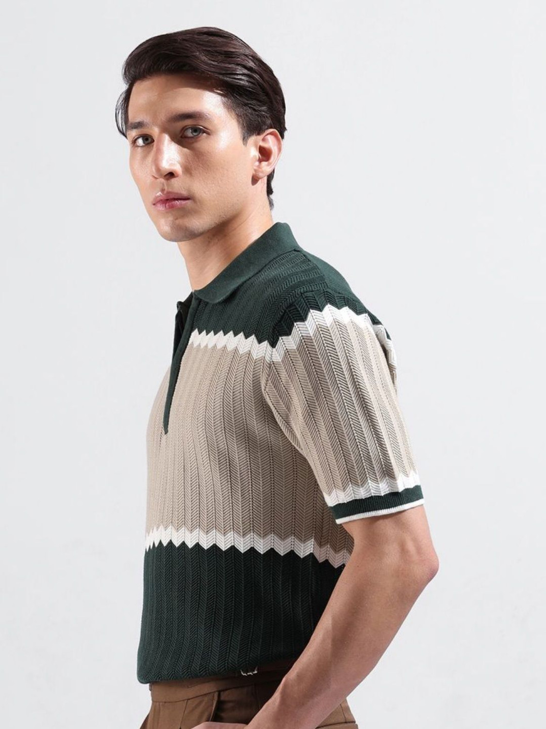 Image of The Indian Garage Co. Self Design Men Polo Neck Green T-Shirt