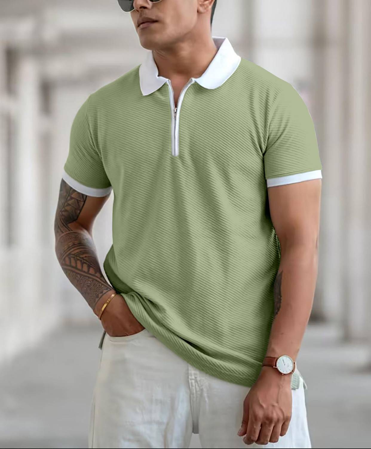 COMBRAIDED Men Polo Neck Light Green T-Shirt - Image 4