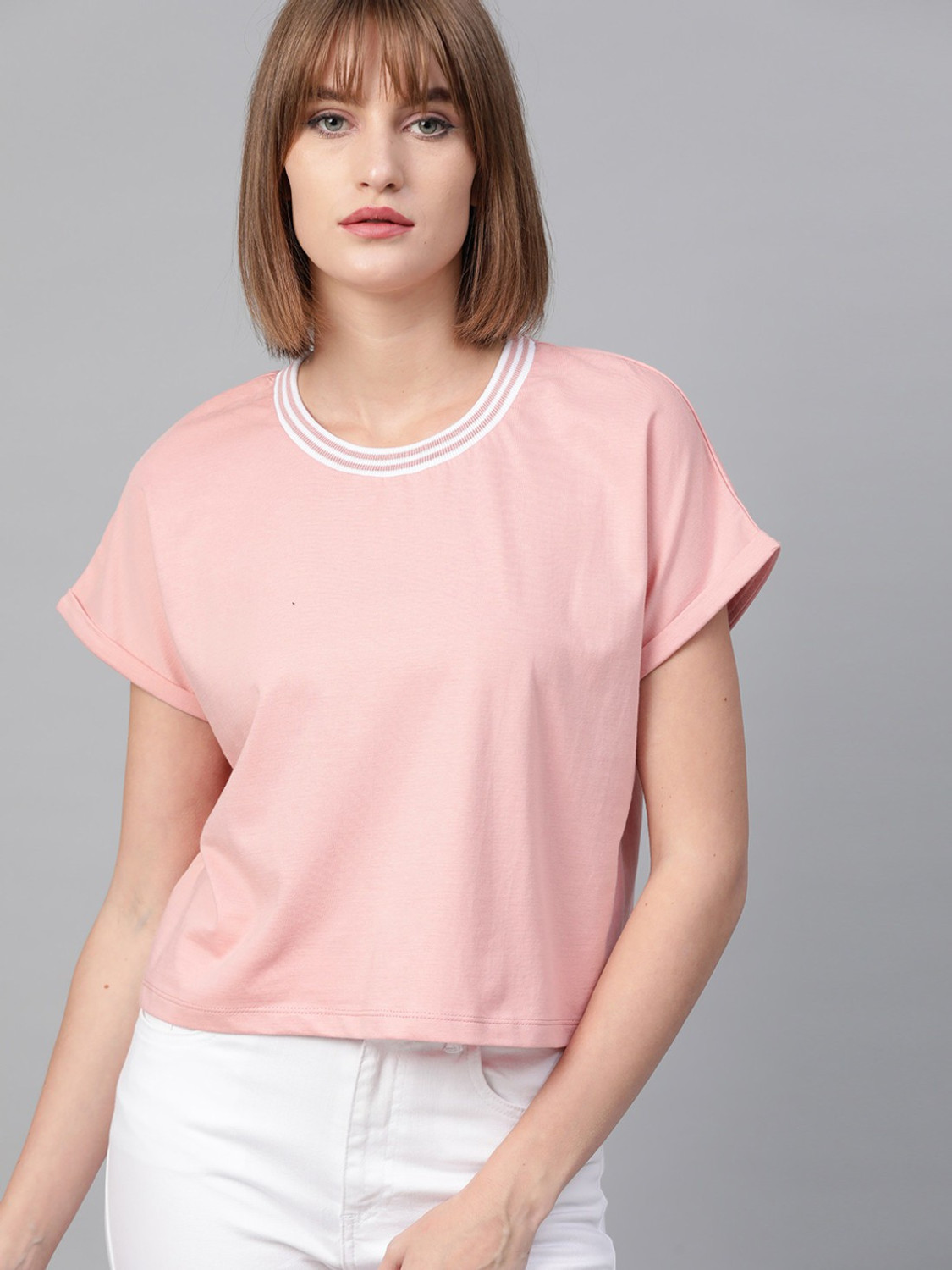 Image of Roadster Solid Women Round Neck Pink T-Shirt