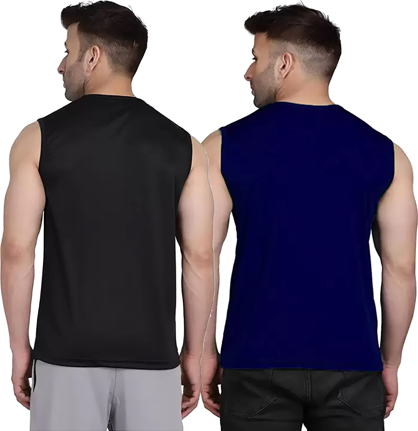 Image of Renowned Solid Men Round Neck Black, Dark Blue T-Shirt