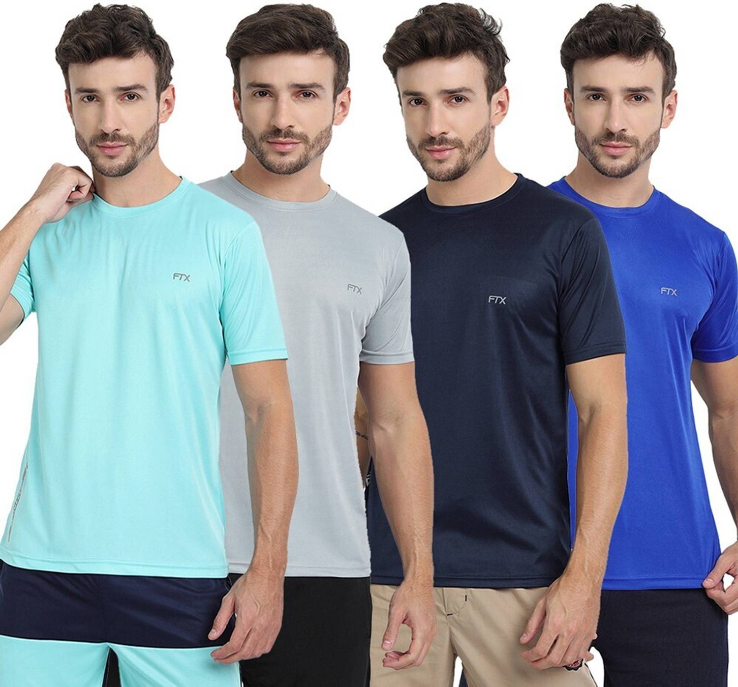 FTX Pack of 4 Men Solid Round Neck Polyester Silver, Dark Blue, L