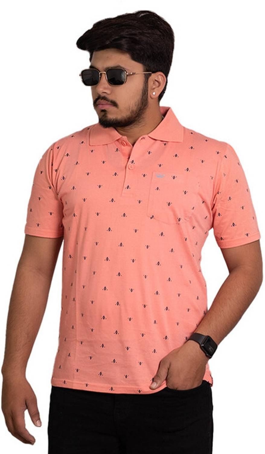 Onestar Men Printed Polo Neck Cotton Blend Pink T-Shirt