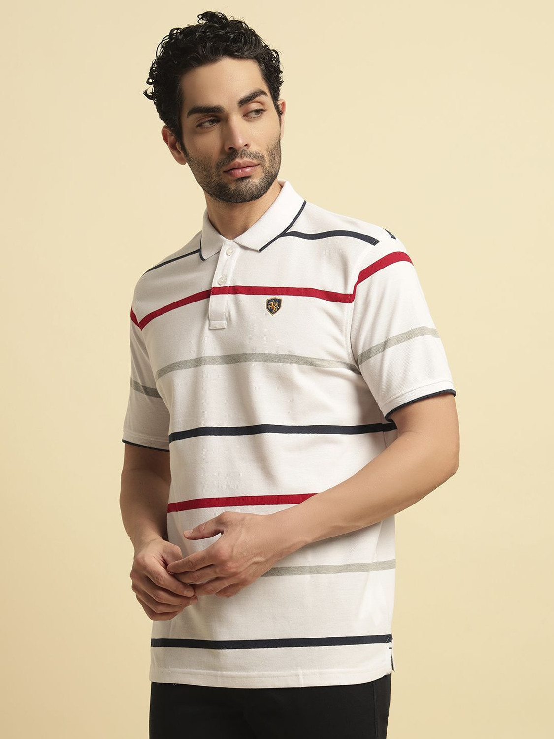 Image of CANTABIL Striped Men Polo Neck White T-Shirt