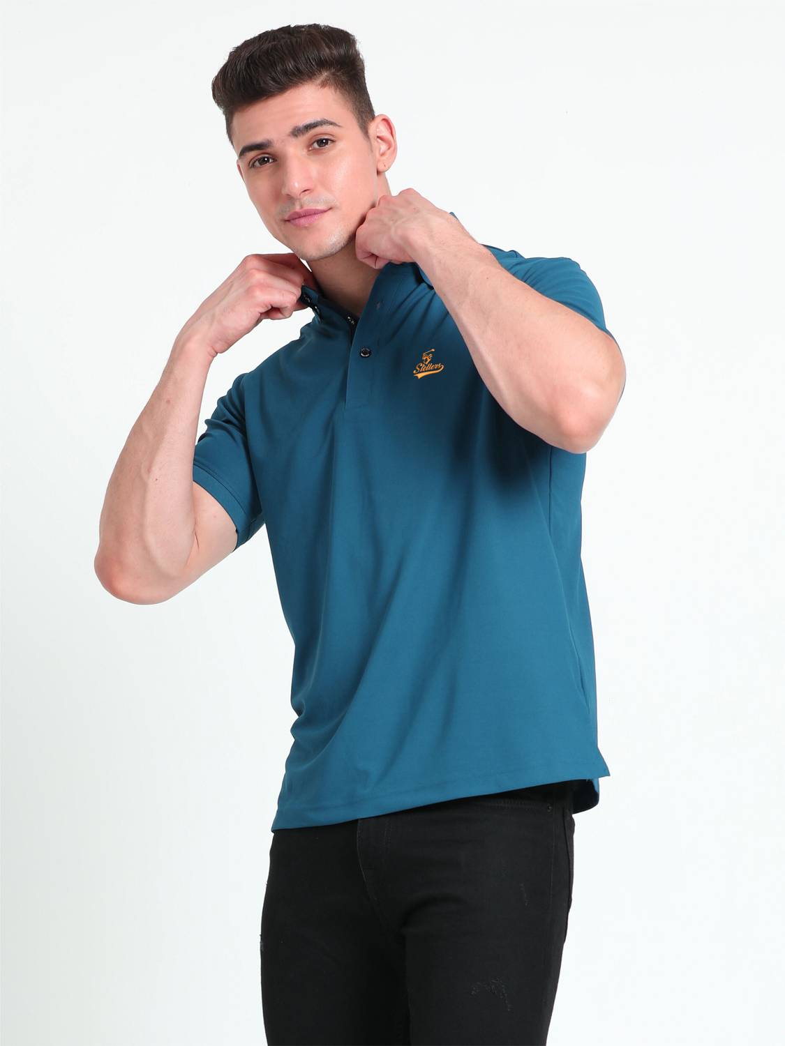 Stellers Men Solid Polo Neck Polyester Dark Blue T-Shirt