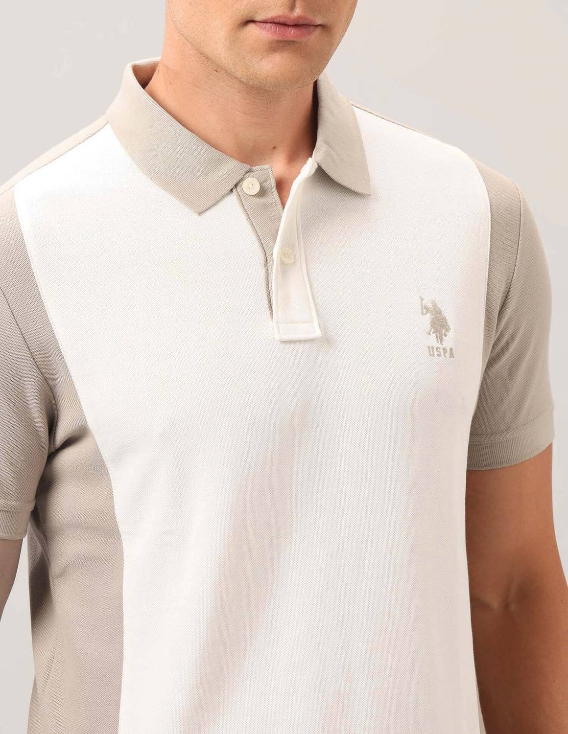 U.S. POLO ASSN. Men Colorblock Polo Neck Pure Cotton Beige T-Shirt - Image 5
