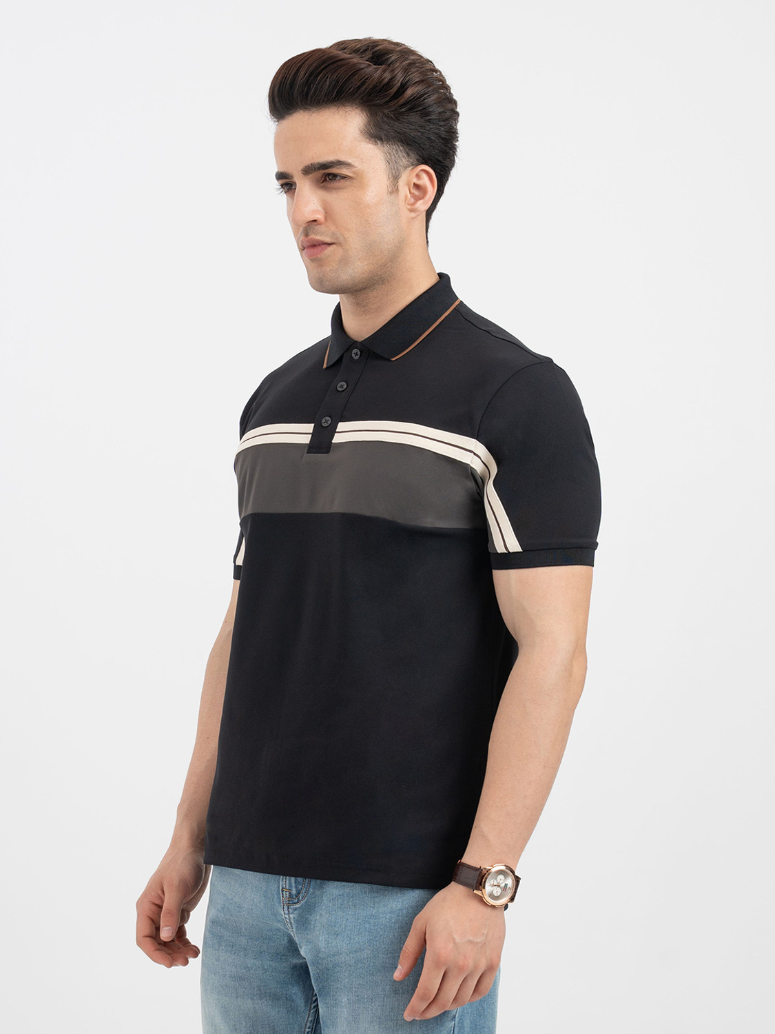 Image of RED TAPE Colorblock Men Polo Neck Black T-Shirt