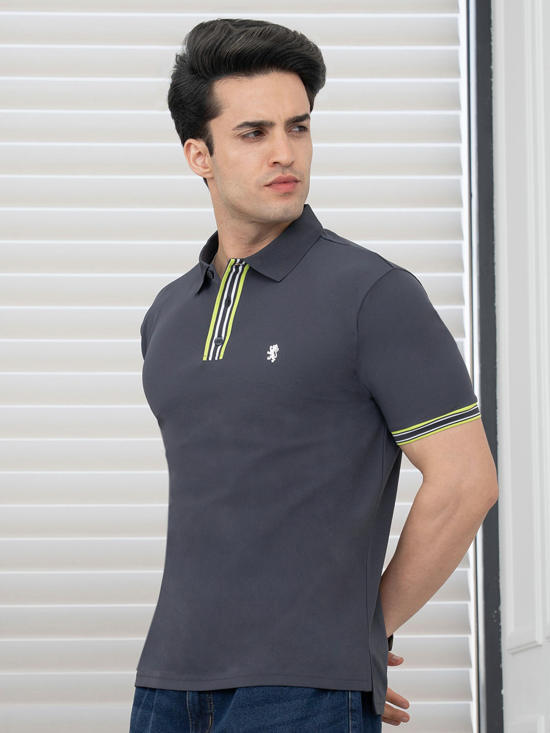 Image of RED TAPE Men Printed Polo Neck Polyester Grey T-Shirt