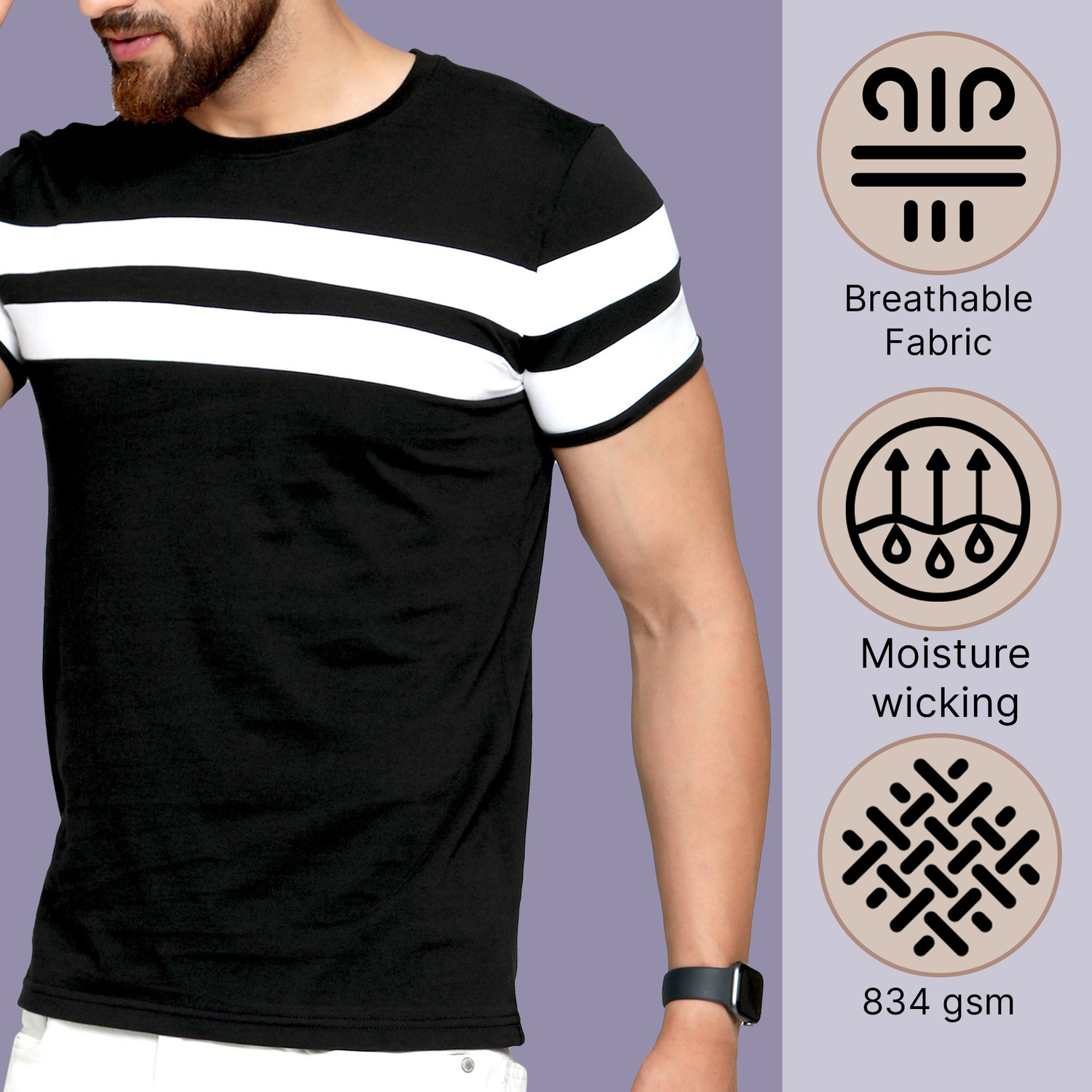 Image of AUSK Colorblock Men Round Neck White, Black T-Shirt