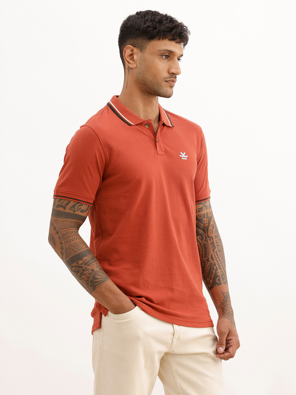 Image of WROGN Men Solid Polo Neck Pure Cotton Red T-Shirt
