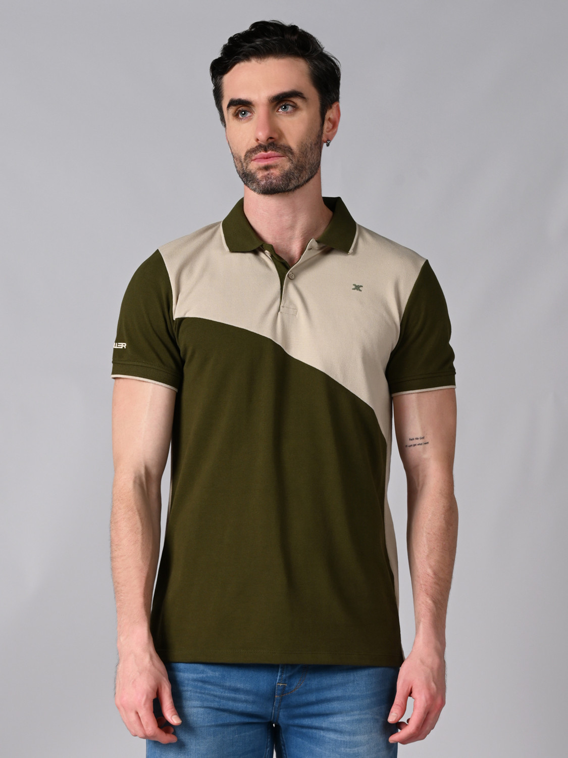 Image of KILLER Colorblock Men Polo Neck Dark Green, Beige T-Shirt