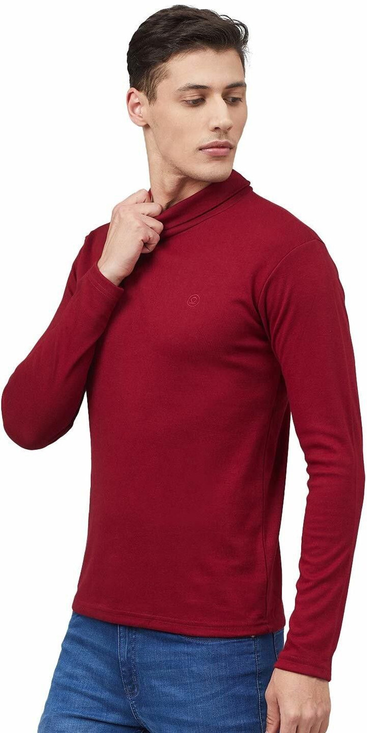 Image of CHKOKKO Solid Men High Neck Maroon T-Shirt