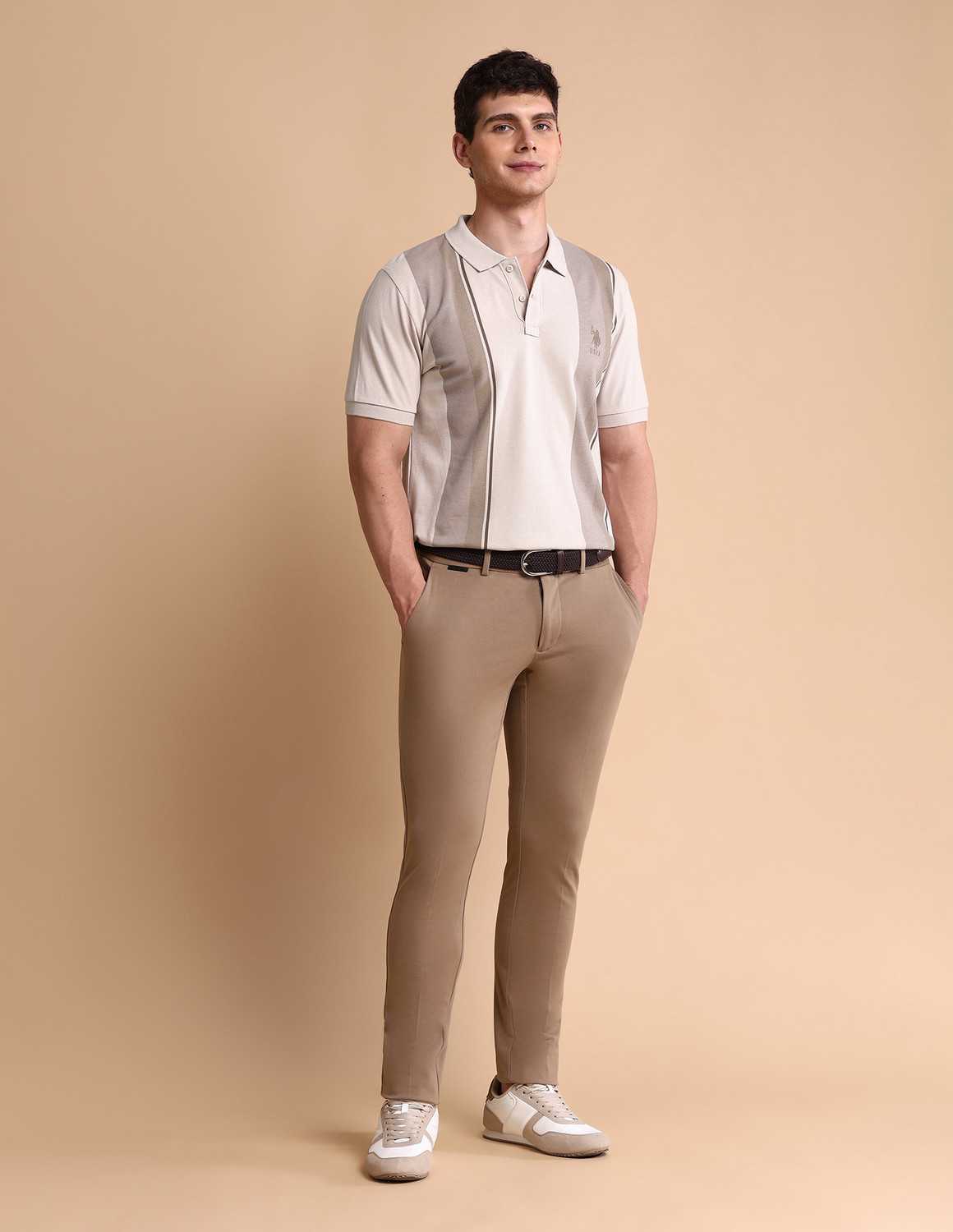 Image of U.S. POLO ASSN. Men Colorblock Polo Neck Pure Cotton Beige T-Shirt