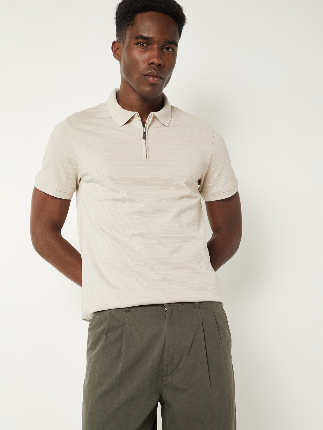 MAX Self Design Men Polo Neck Beige T-Shirt