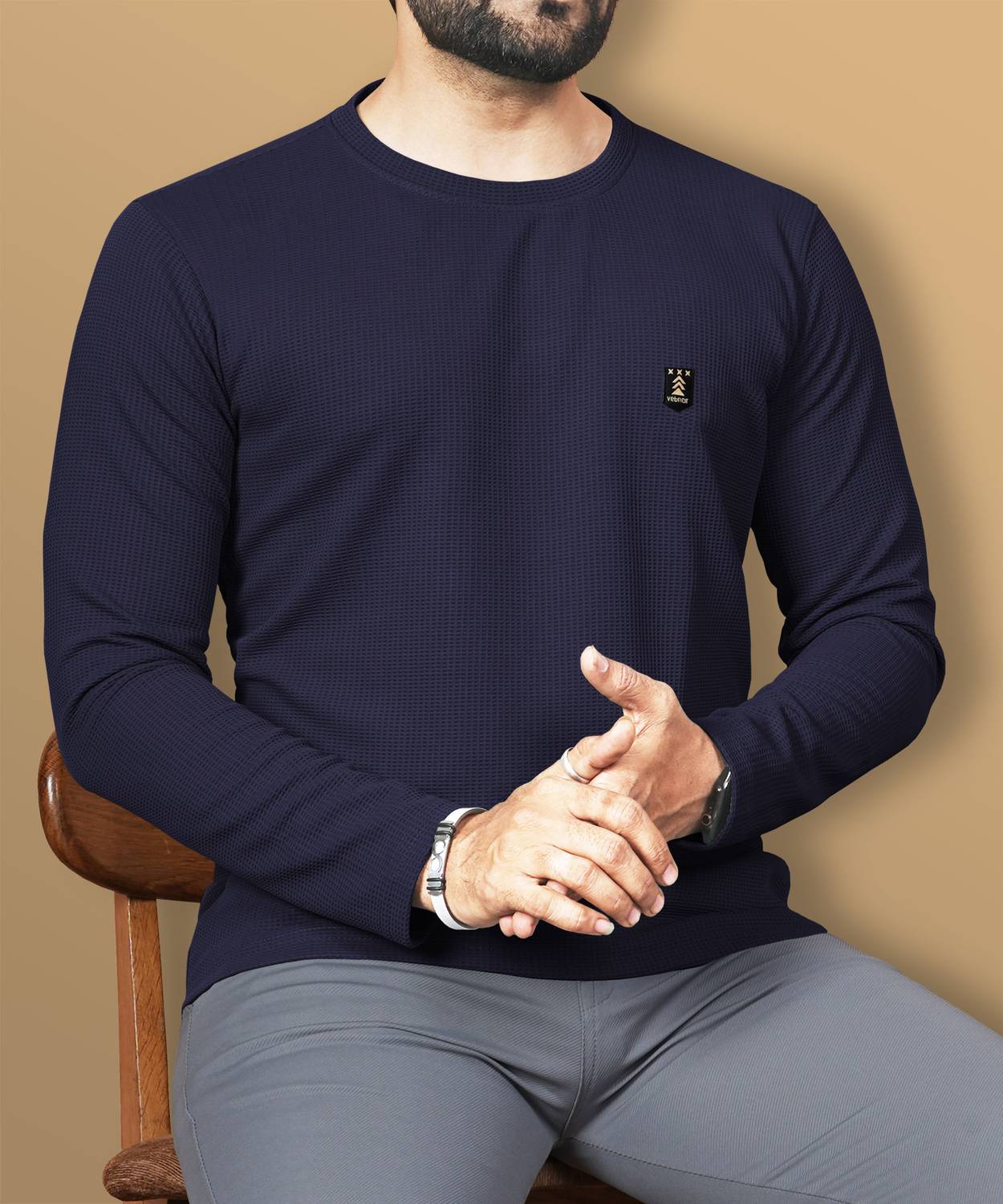 VeBNoR Men Self Design Round Neck Polyester Navy Blue T-Shirt