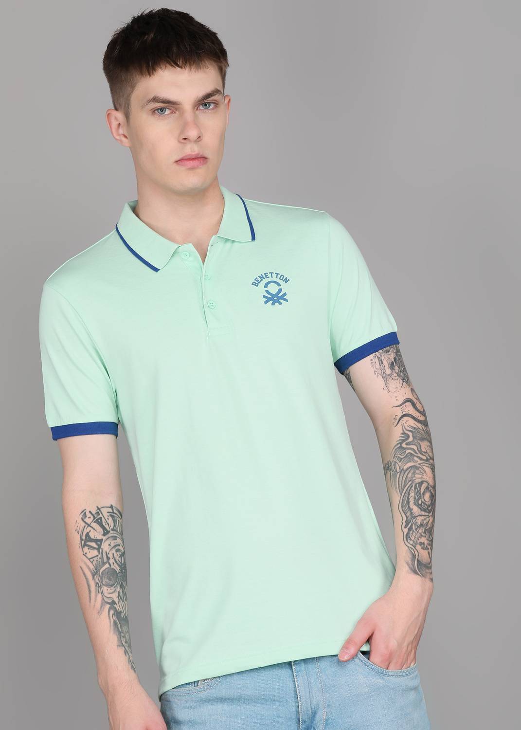 United Colors of Benetton Men Solid Polo Neck Cotton Blend Green