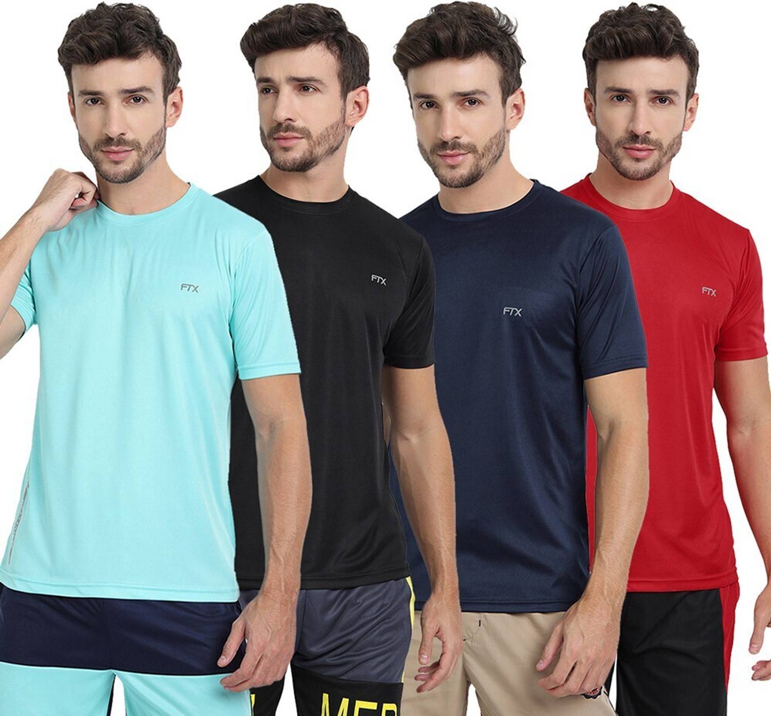 FTX Pack of 4 Men Solid Round Neck Polyester Dark Blue, Light Blu