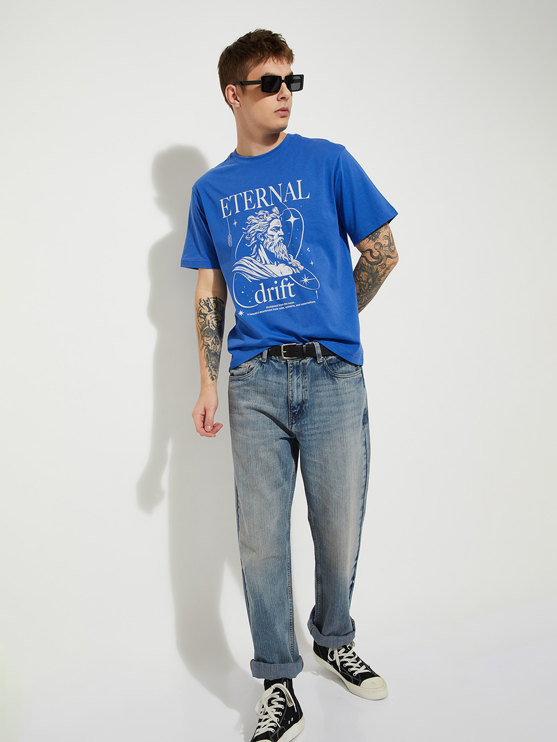 Image of MAX Printed Men Round Neck Blue T-Shirt