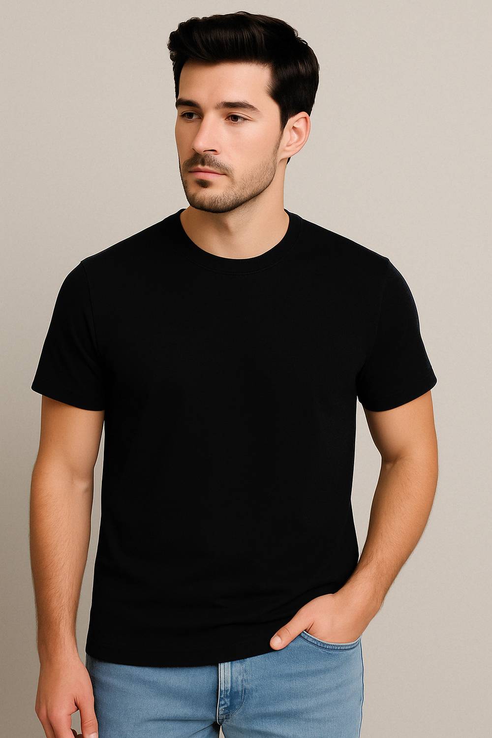 NOW OR NEVER Solid Men Round Neck Black T-Shirt