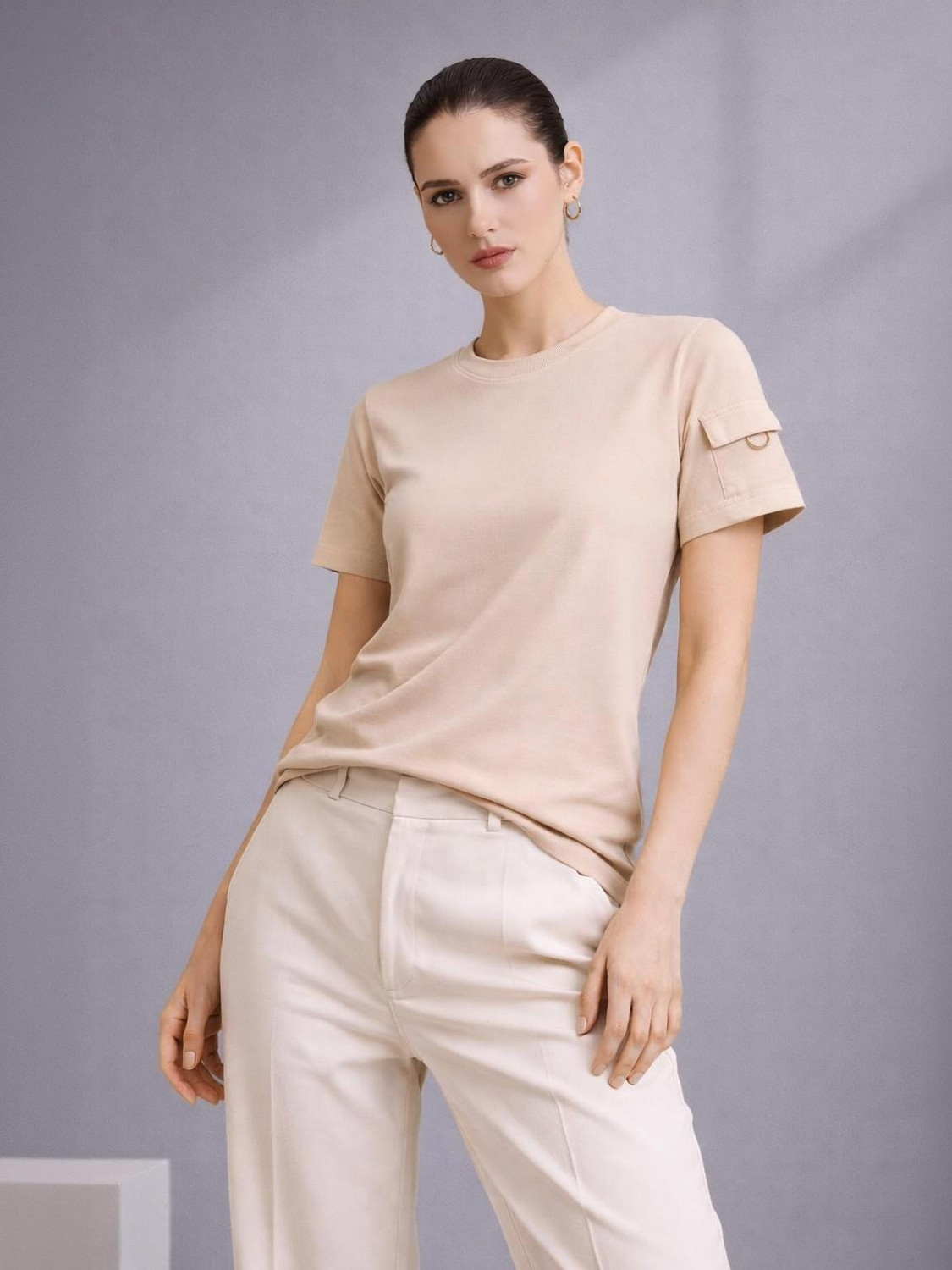 Image of Adyavastram Solid Women Round Neck Beige T-Shirt