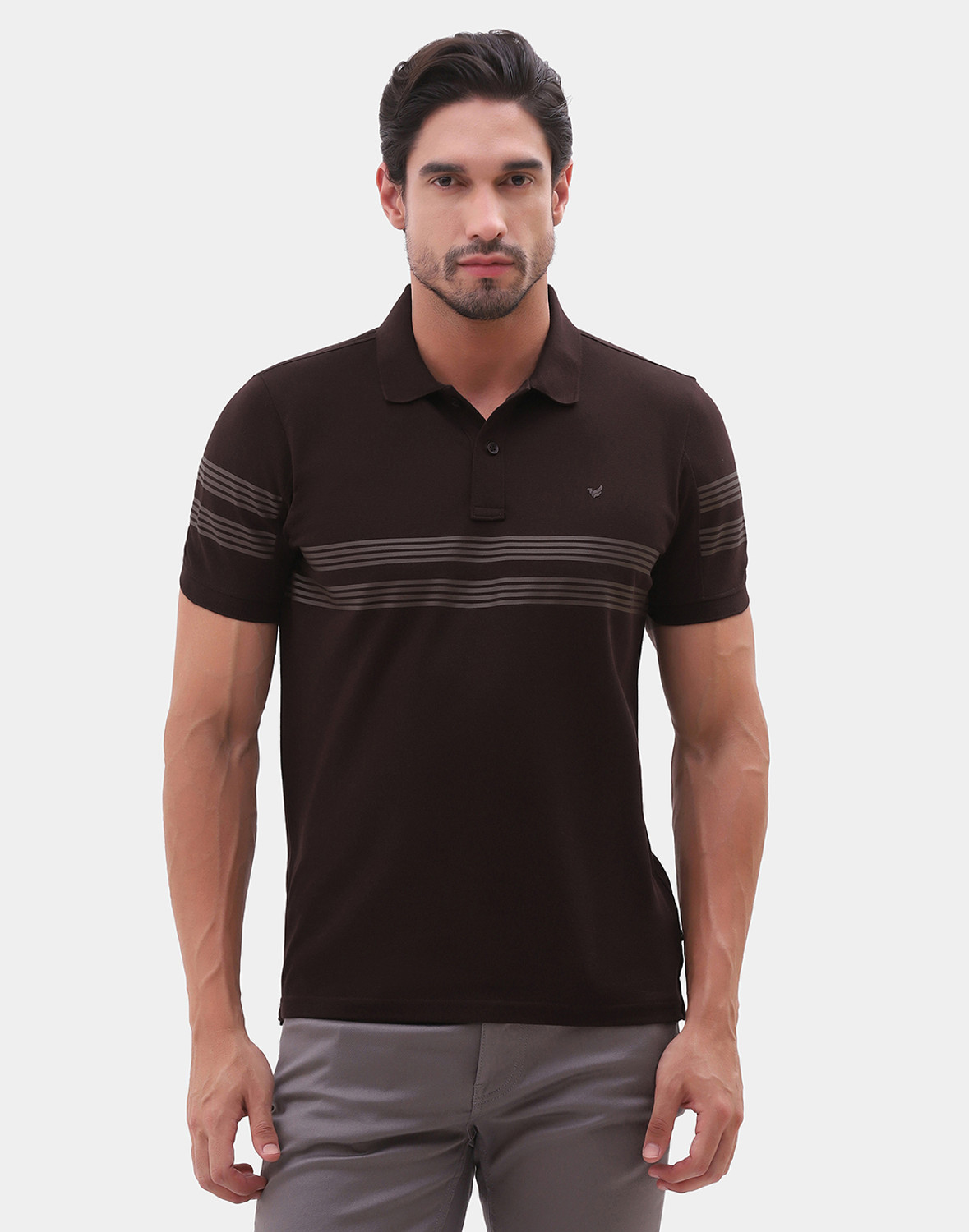 Image of Blackberrys Striped Men Polo Neck Brown T-Shirt