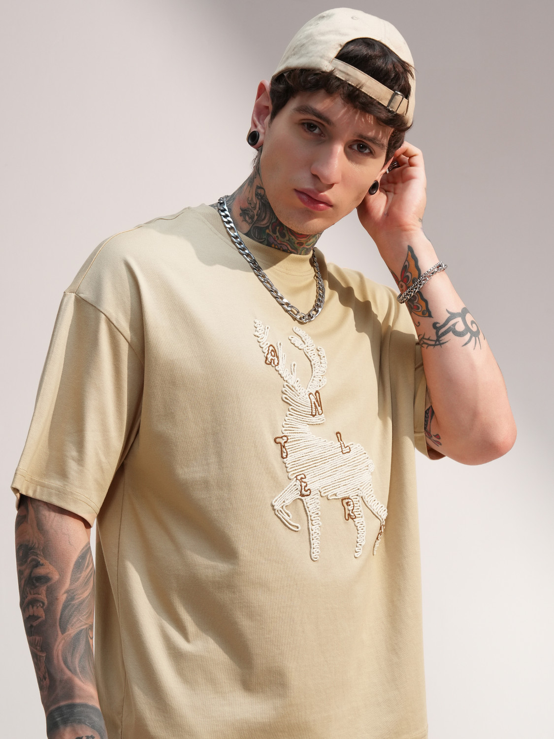 Image of HIGHLANDER Self Design Men Round Neck Beige T-Shirt