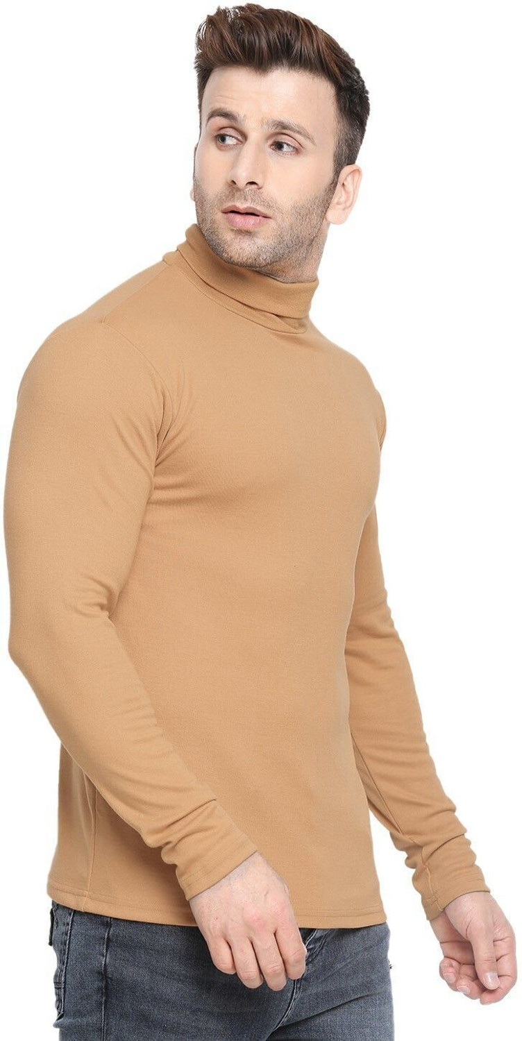 Image of CHKOKKO Solid Men High Neck Beige T-Shirt