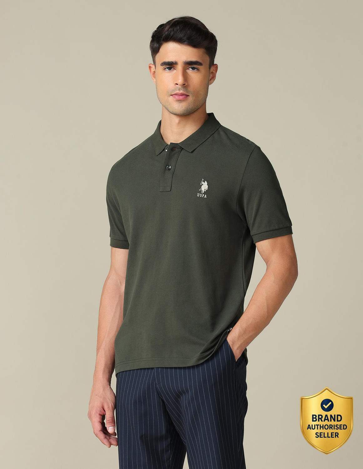 Image of U.S. Polo Assn. Denim Co. Solid Men Polo Neck Green T-Shirt