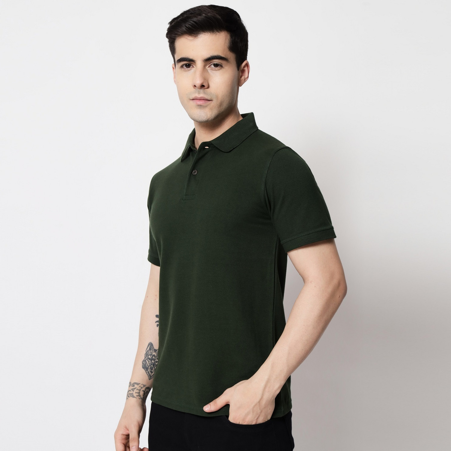 Image of Cryptic Solid Men Polo Neck Dark Green T-Shirt
