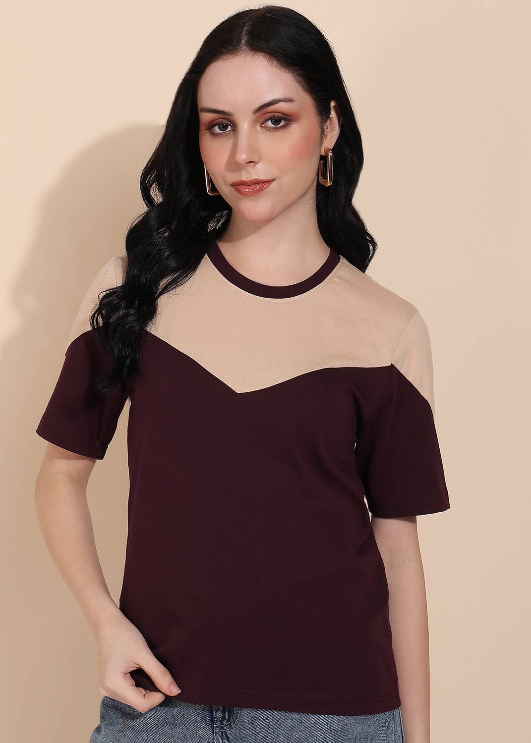 Adyavastram Colorblock Women Round Neck Beige T-Shirt