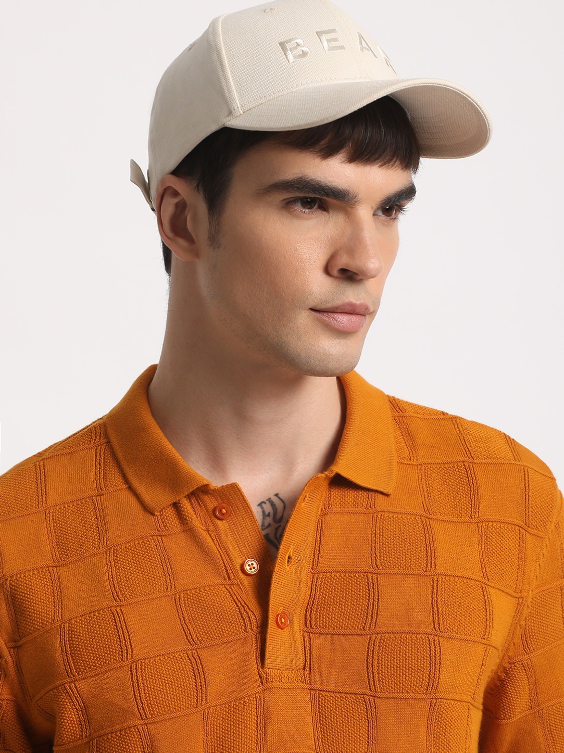 Image of THE BEAR HOUSE Checkered Men Polo Neck Orange T-Shirt