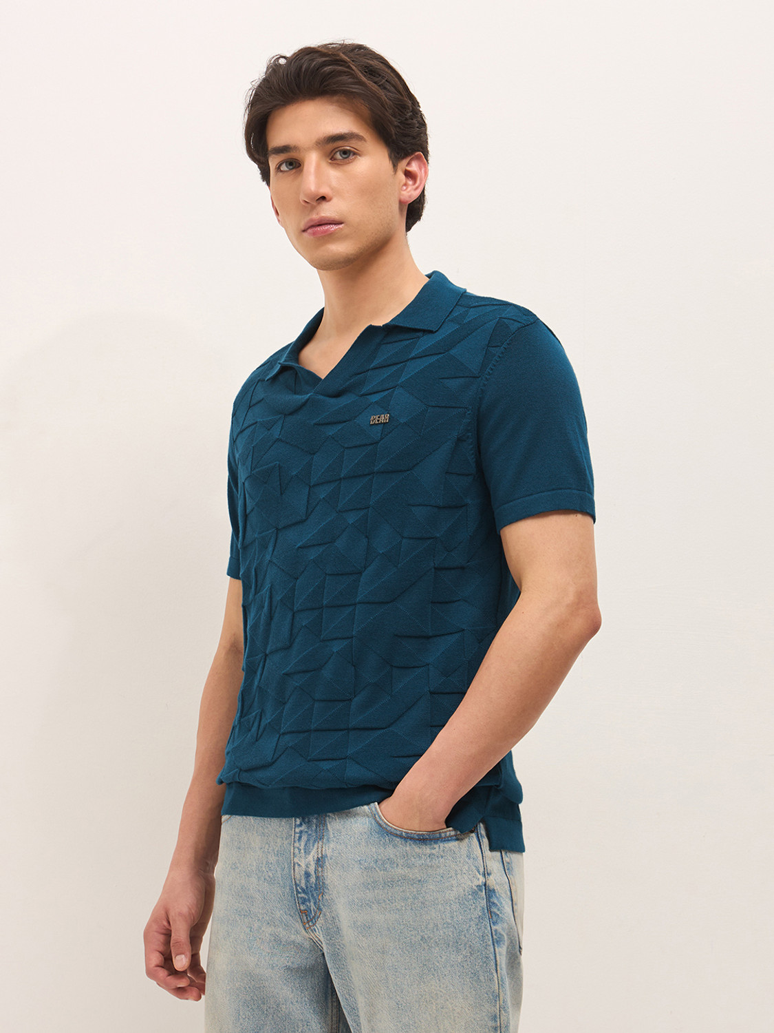 Image of THE BEAR HOUSE Self Design Men Polo Neck Blue T-Shirt