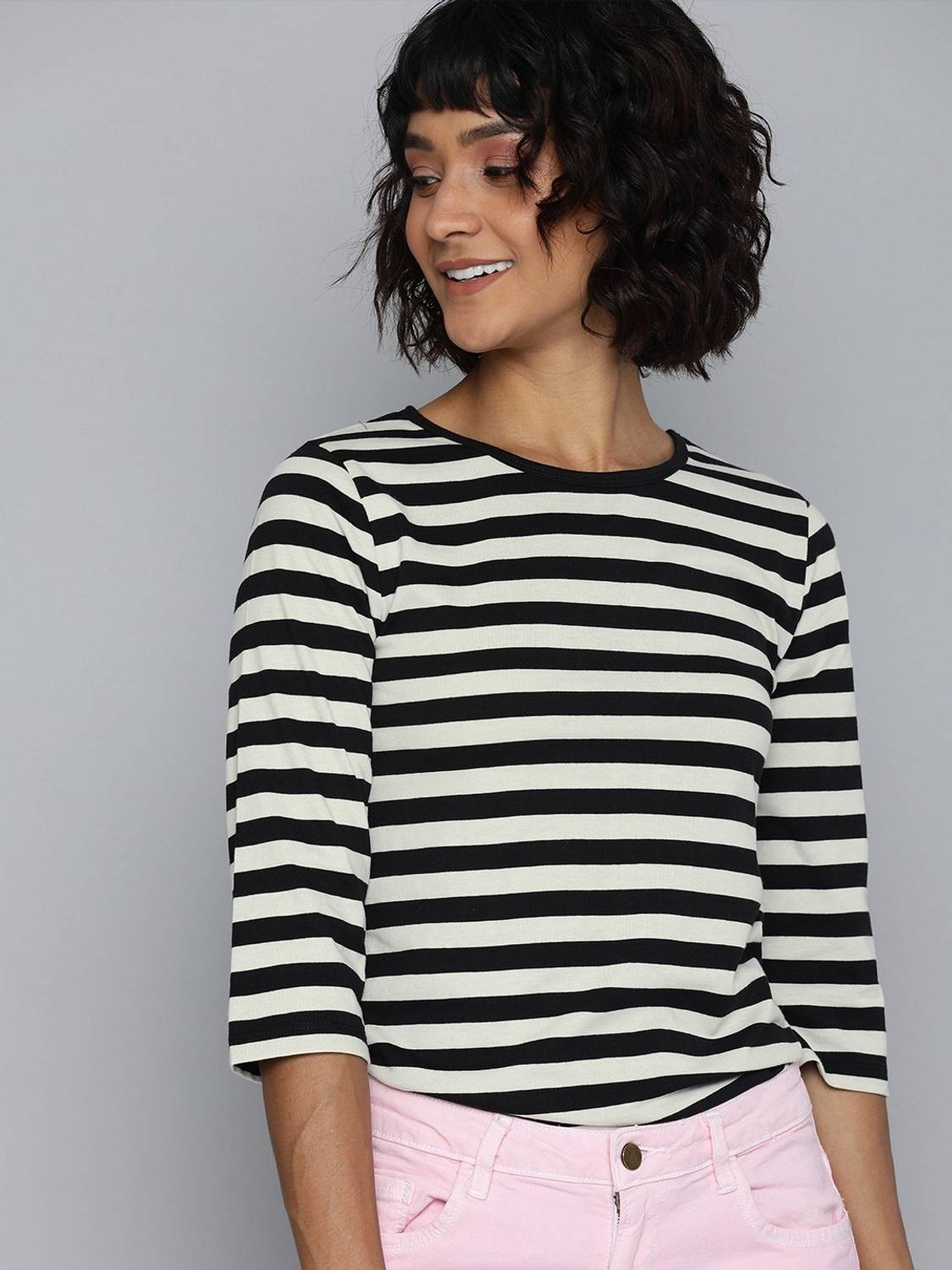 Affordable AF Striped Women Round Neck Black T-Shirt